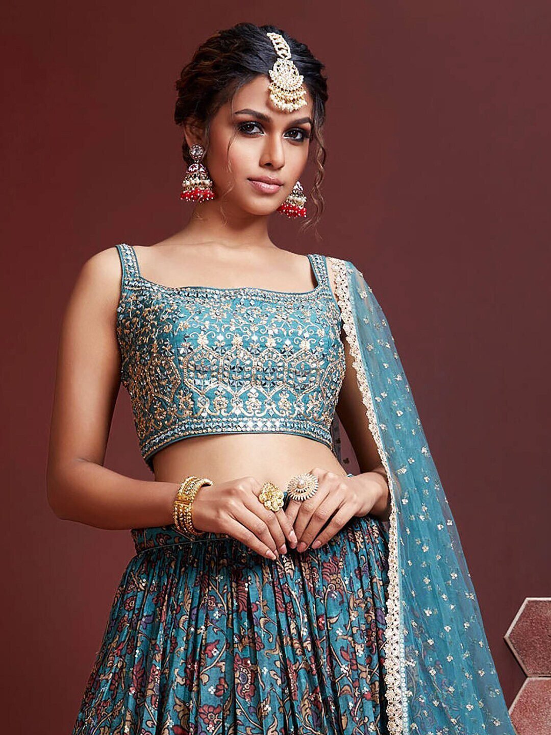 Blue & Brown Embellished Semi-Stitched Lehenga & Unstitched Blouse With Dupatta