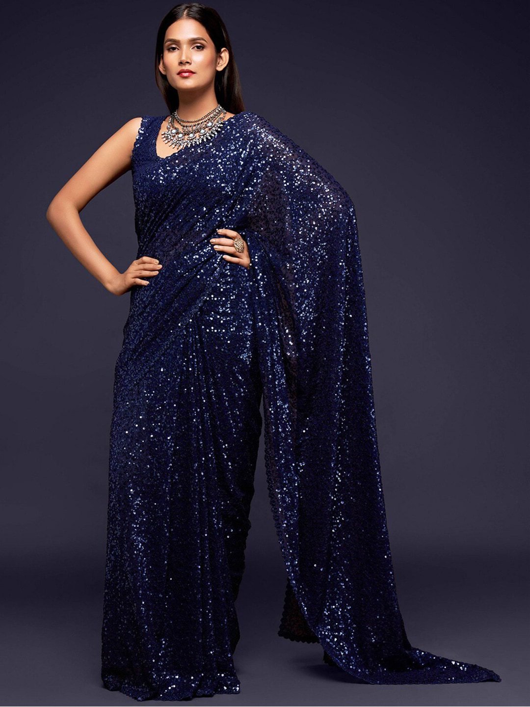 Navy Blue Fully Sequined Georgette Party Wear Saree
