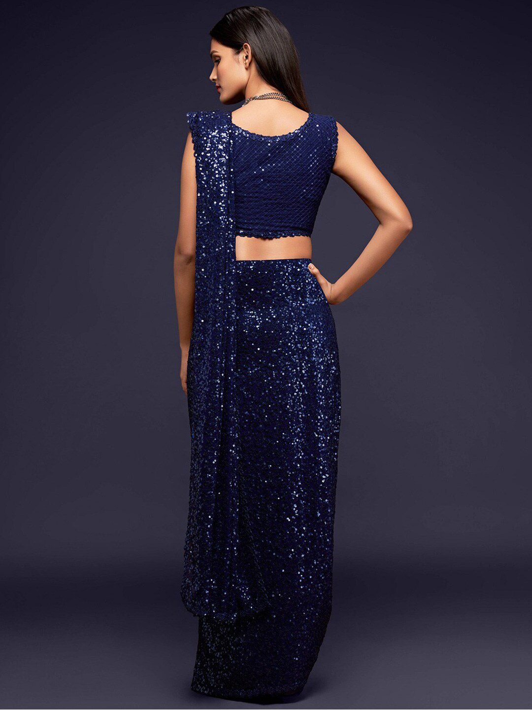 Navy Blue Fully Sequined Georgette Party Wear Saree