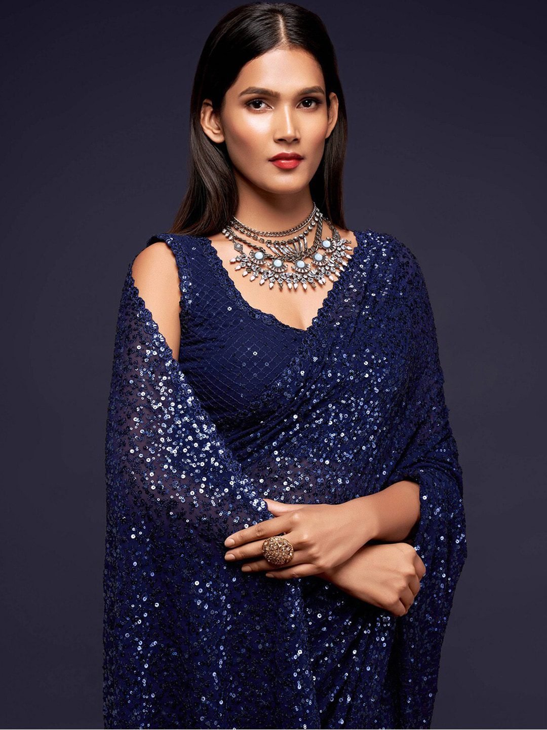 Navy Blue Fully Sequined Georgette Party Wear Saree