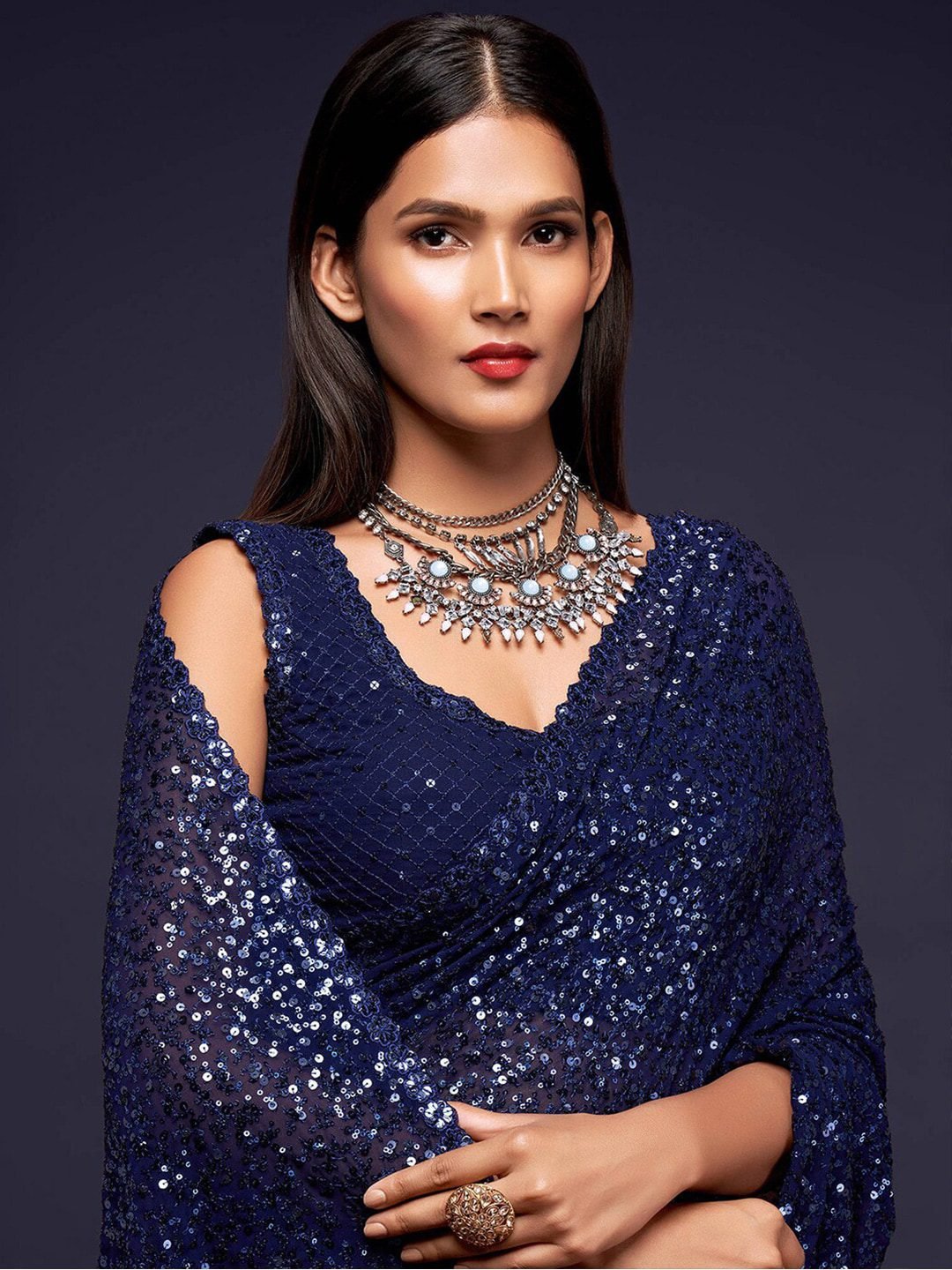 Navy Blue Fully Sequined Georgette Party Wear Saree