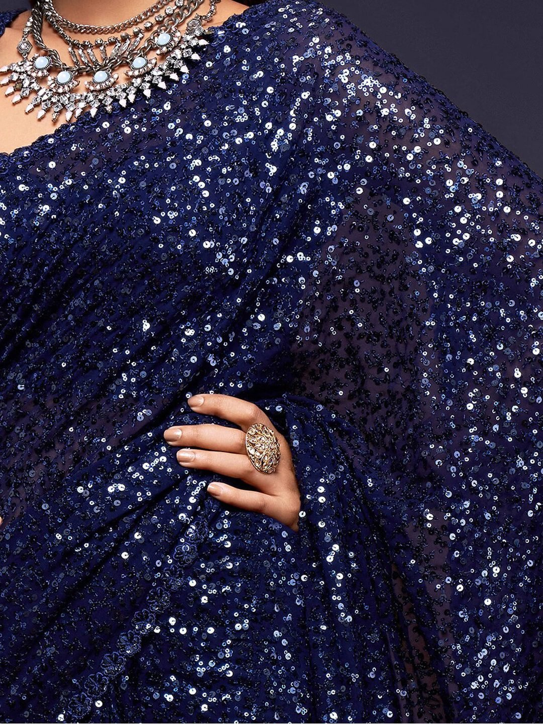 Navy Blue Fully Sequined Georgette Party Wear Saree