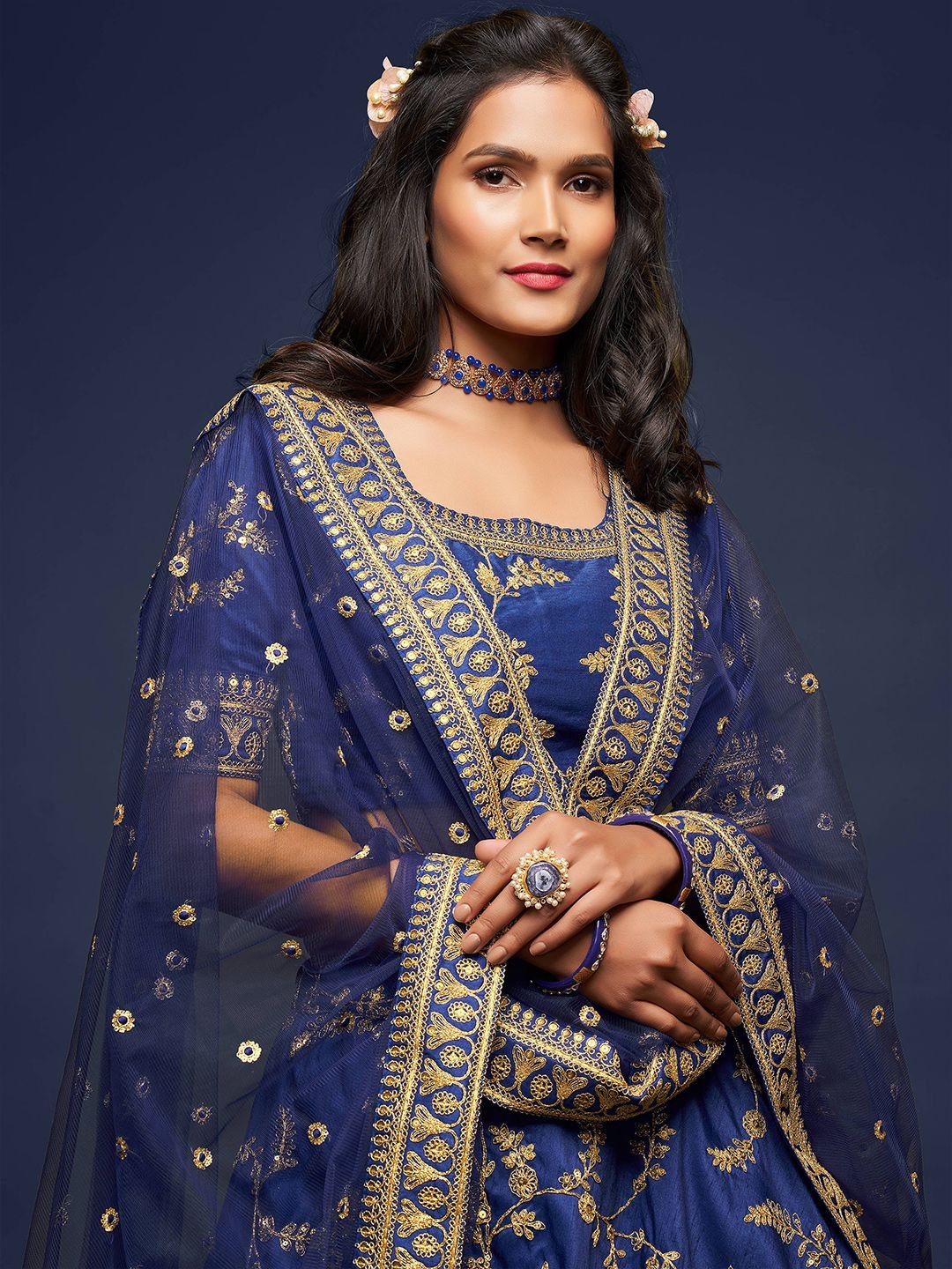 Blue Embroidered Semi-Stitched Lehenga & Unstitched Blouse With Dupatta
