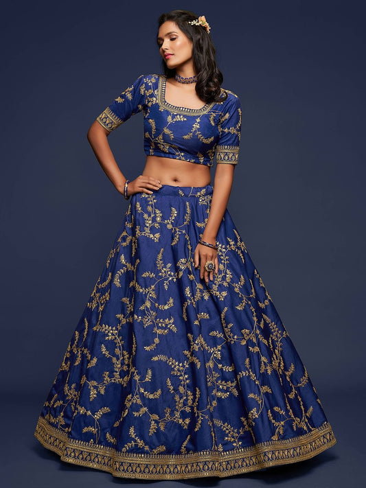 Blue Embroidered Semi-Stitched Lehenga & Unstitched Blouse With Dupatta
