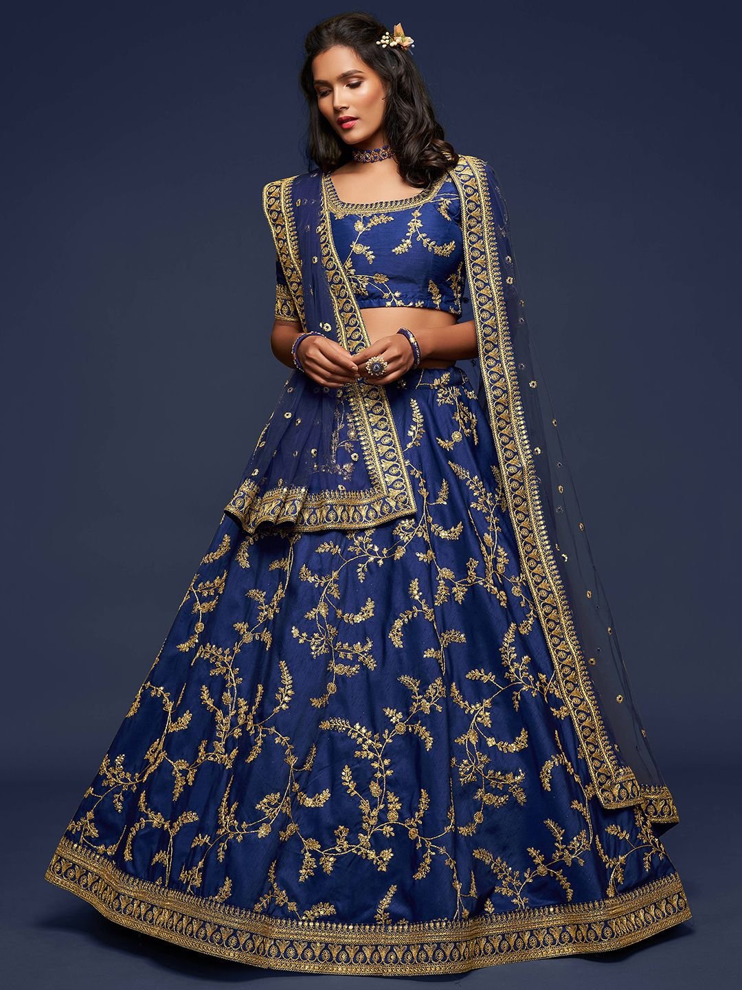 Blue Embroidered Semi-Stitched Lehenga & Unstitched Blouse With Dupatta