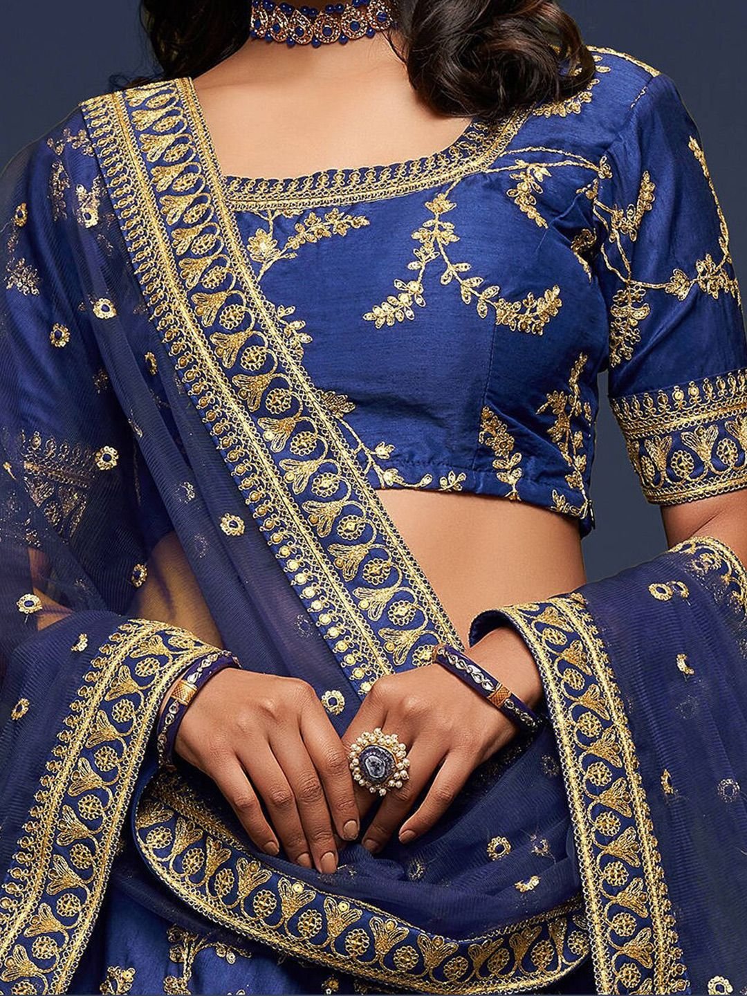 Blue Embroidered Semi-Stitched Lehenga & Unstitched Blouse With Dupatta