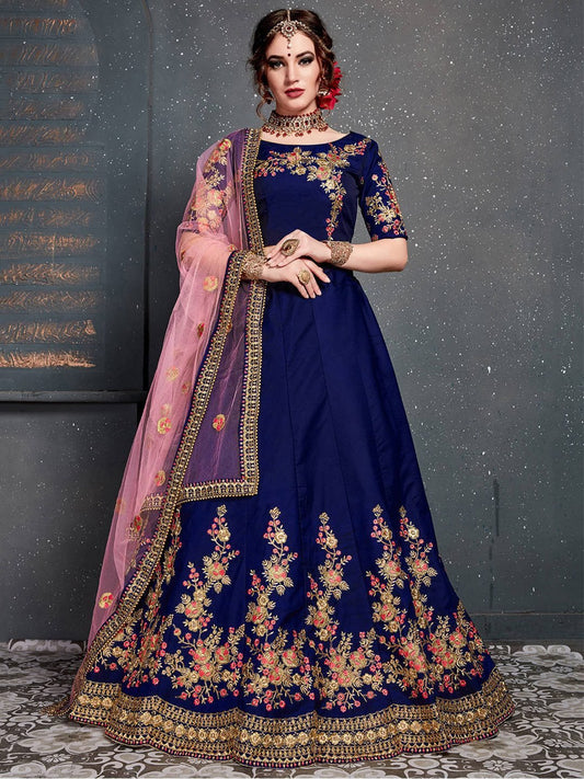 Blue & Gold-Toned Embroidered Semi-Stitched Lehenga & Unstitched Blouse With Dupatta