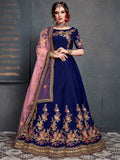 Blue & Gold-Toned Embroidered Semi-Stitched Lehenga & Unstitched Blouse With Dupatta