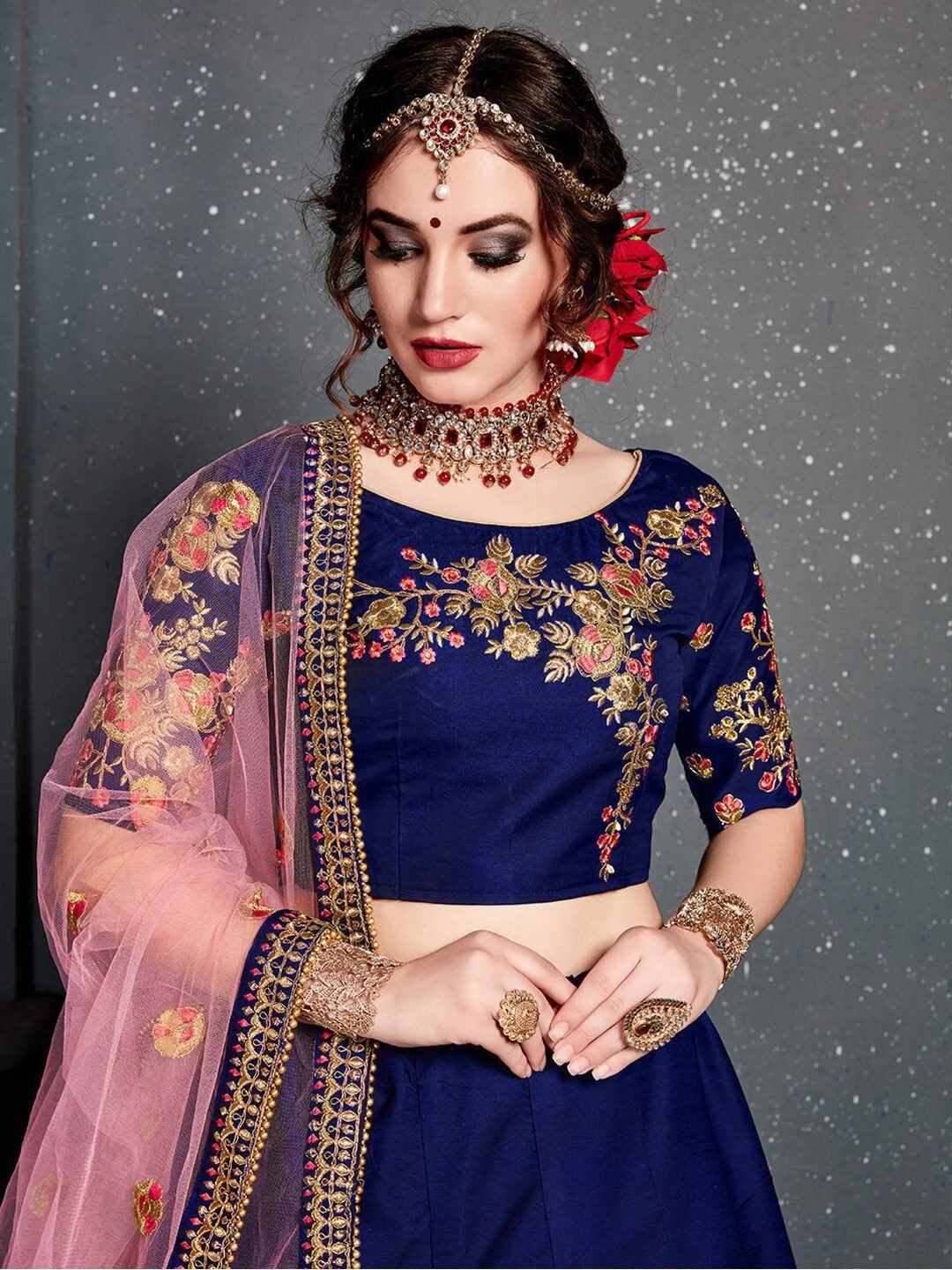 Blue & Gold-Toned Embroidered Semi-Stitched Lehenga & Unstitched Blouse With Dupatta