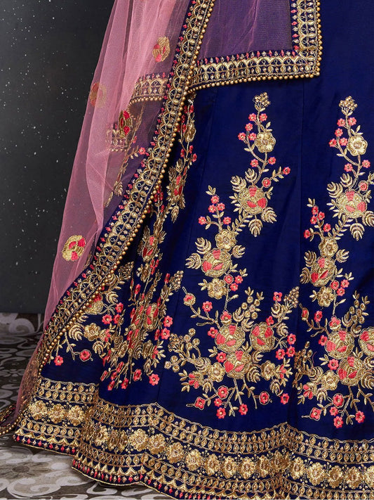 Blue & Gold-Toned Embroidered Semi-Stitched Lehenga & Unstitched Blouse With Dupatta