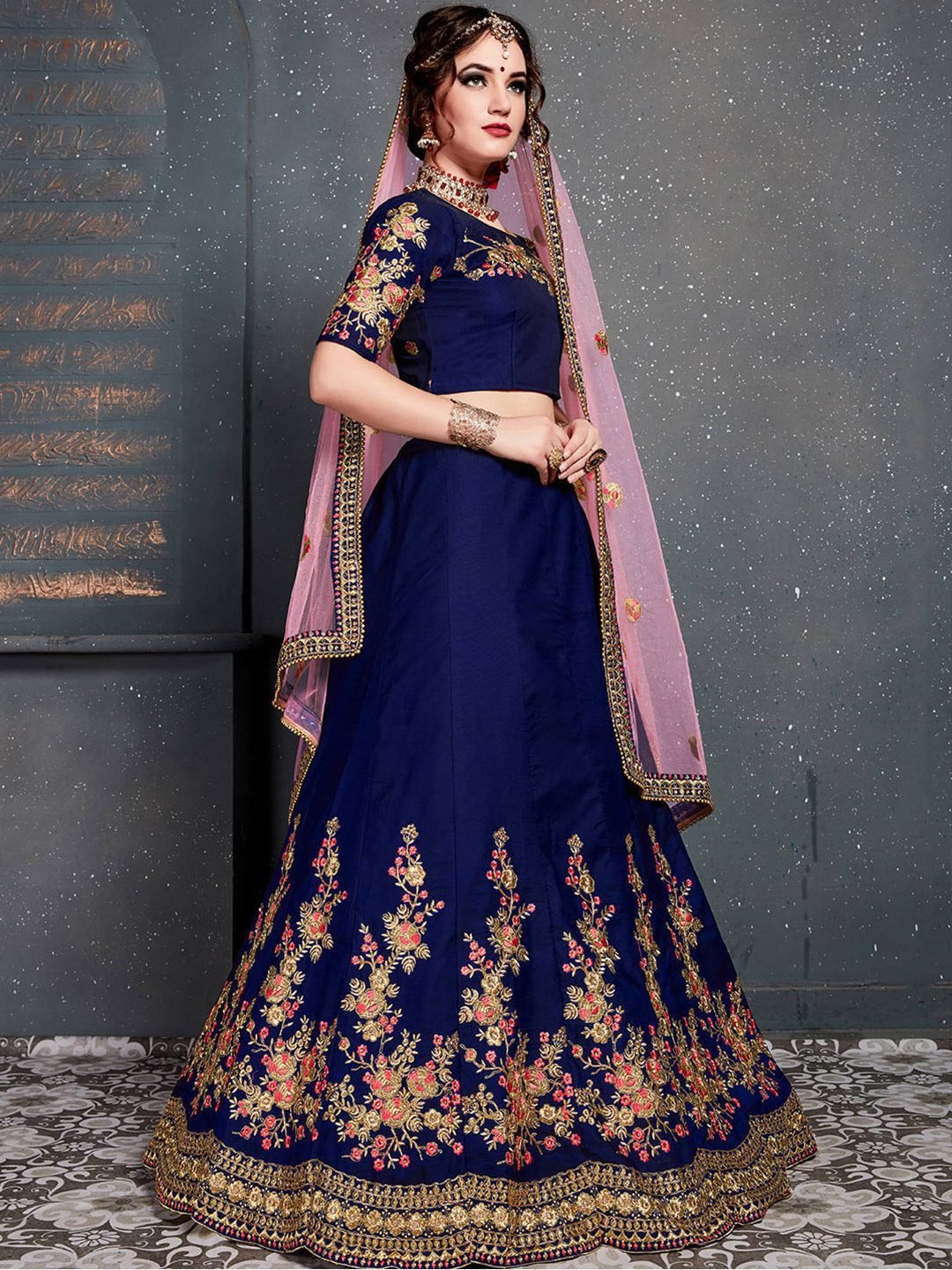 Blue & Gold-Toned Embroidered Semi-Stitched Lehenga & Unstitched Blouse With Dupatta