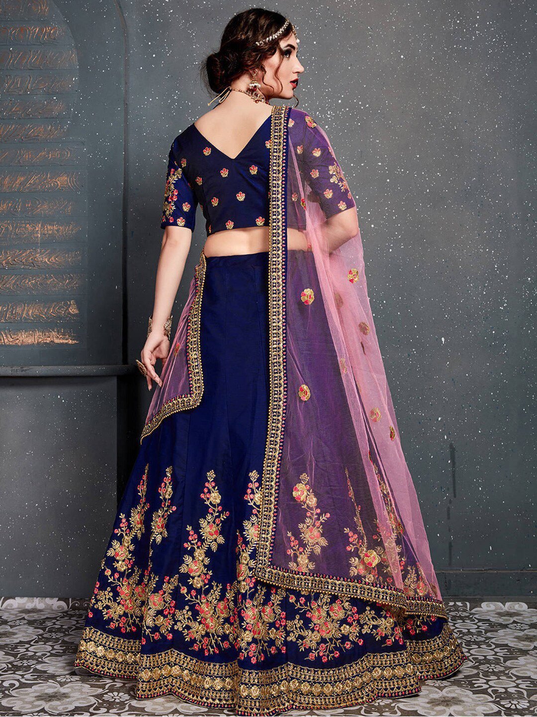 Blue & Gold-Toned Embroidered Semi-Stitched Lehenga & Unstitched Blouse With Dupatta