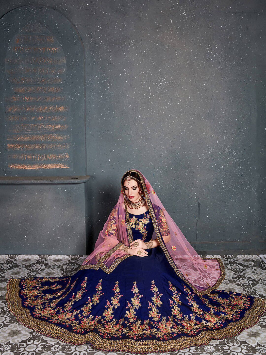 Blue & Gold-Toned Embroidered Semi-Stitched Lehenga & Unstitched Blouse With Dupatta