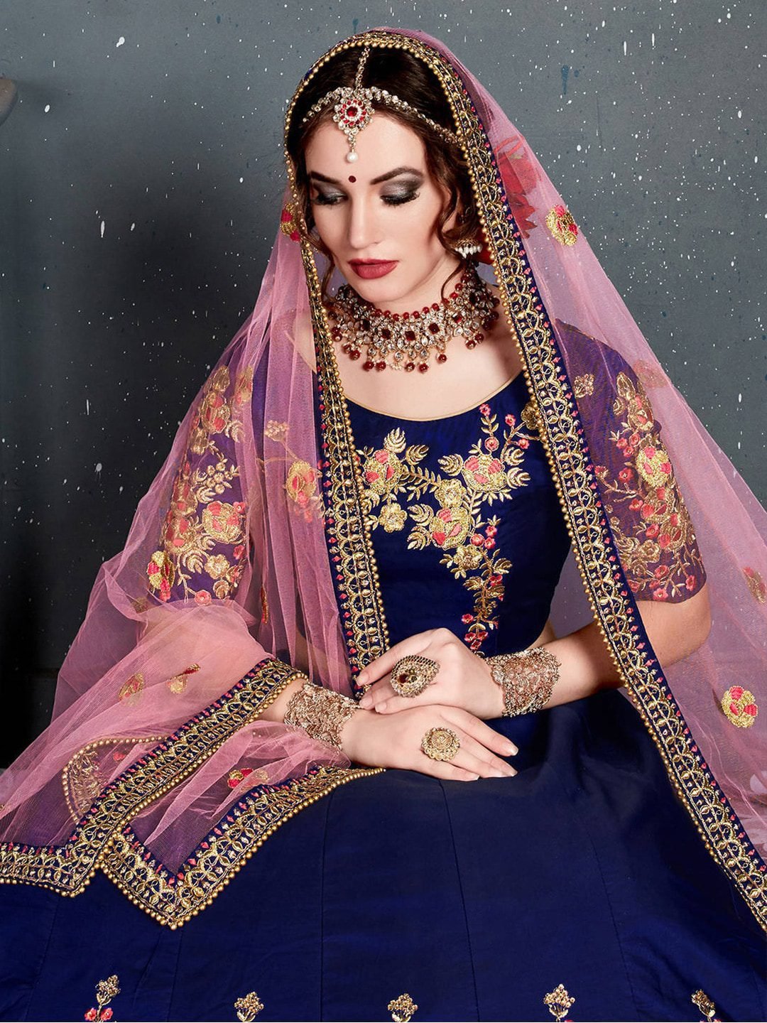 Blue & Gold-Toned Embroidered Semi-Stitched Lehenga & Unstitched Blouse With Dupatta