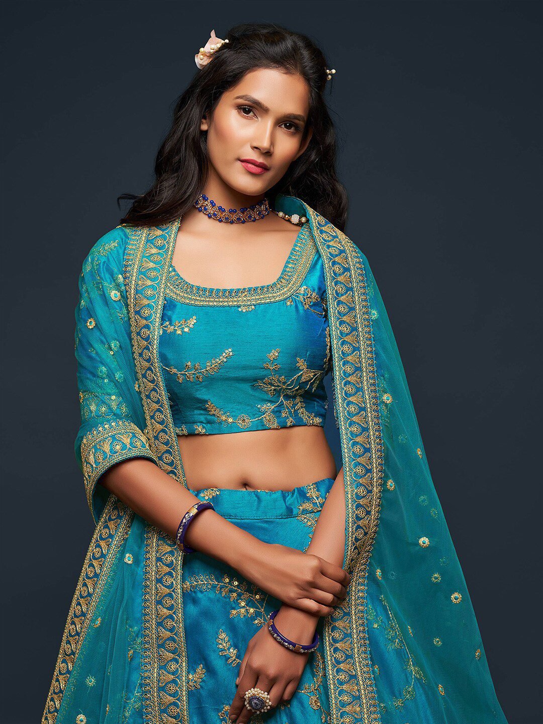 Blue & Golden Embroidered Semi-Stitched Lehenga & Unstitched Blouse With Dupatta