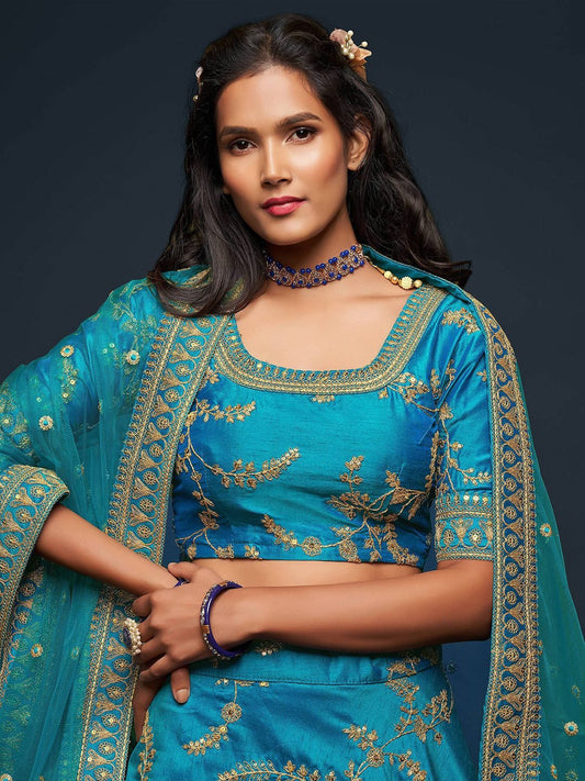 Blue & Golden Embroidered Semi-Stitched Lehenga & Unstitched Blouse With Dupatta