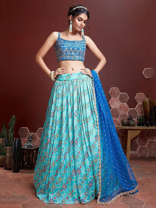 Blue &; Pink Embellished Semi-Stitched Lehenga & Unstitched Blouse With Dupatta