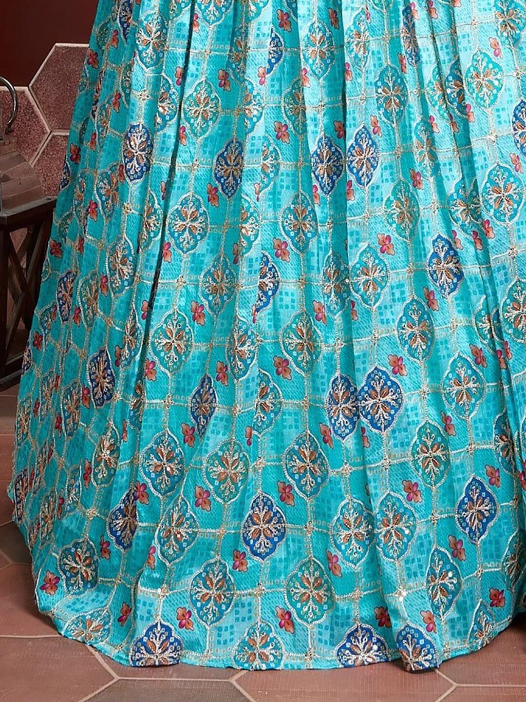 Blue &; Pink Embellished Semi-Stitched Lehenga & Unstitched Blouse With Dupatta
