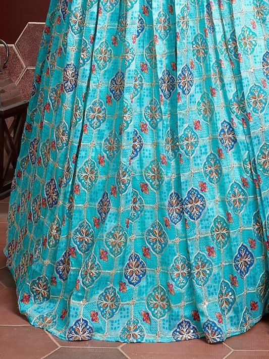 Blue &; Pink Embellished Semi-Stitched Lehenga & Unstitched Blouse With Dupatta