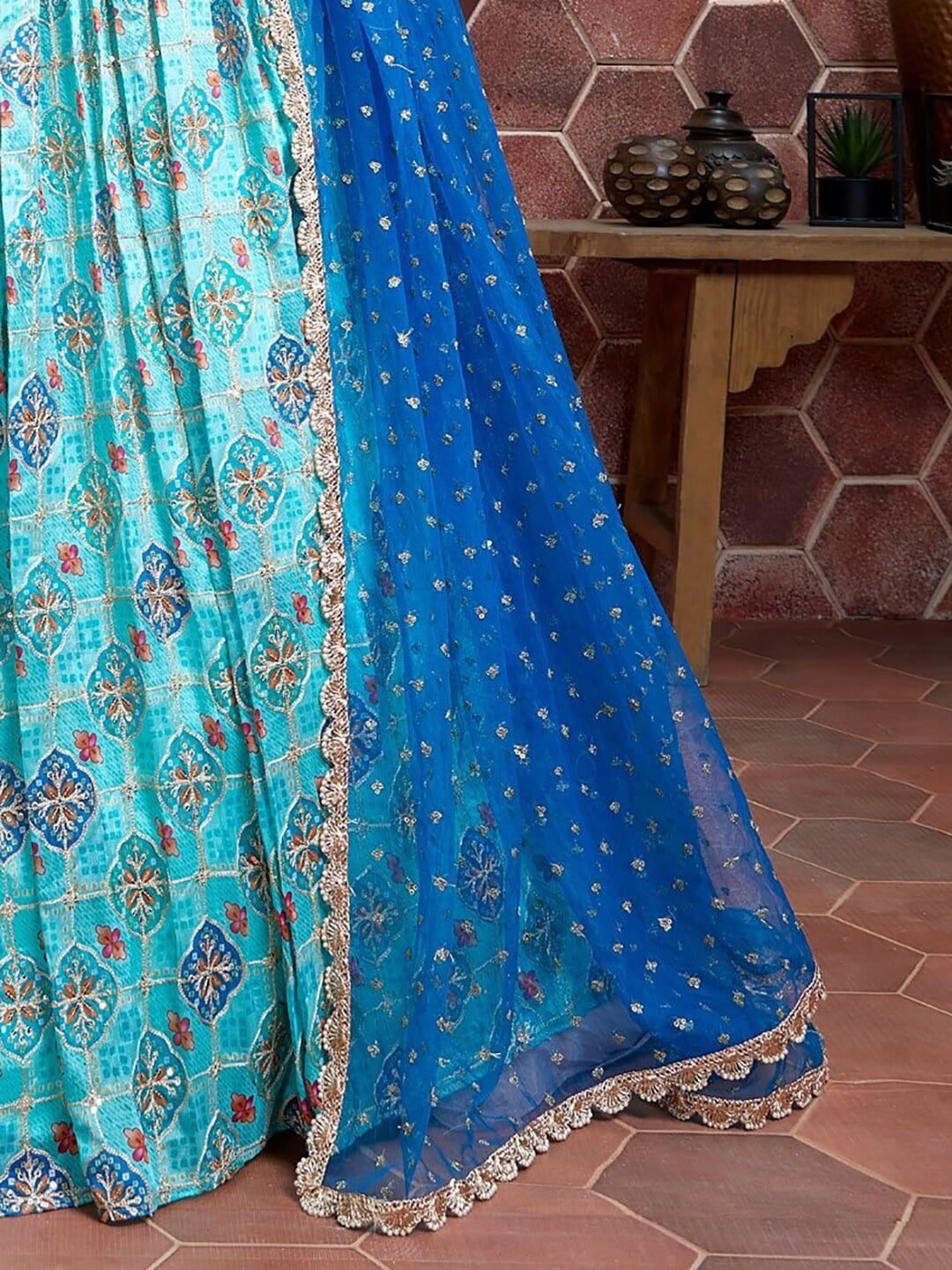 Blue &; Pink Embellished Semi-Stitched Lehenga & Unstitched Blouse With Dupatta