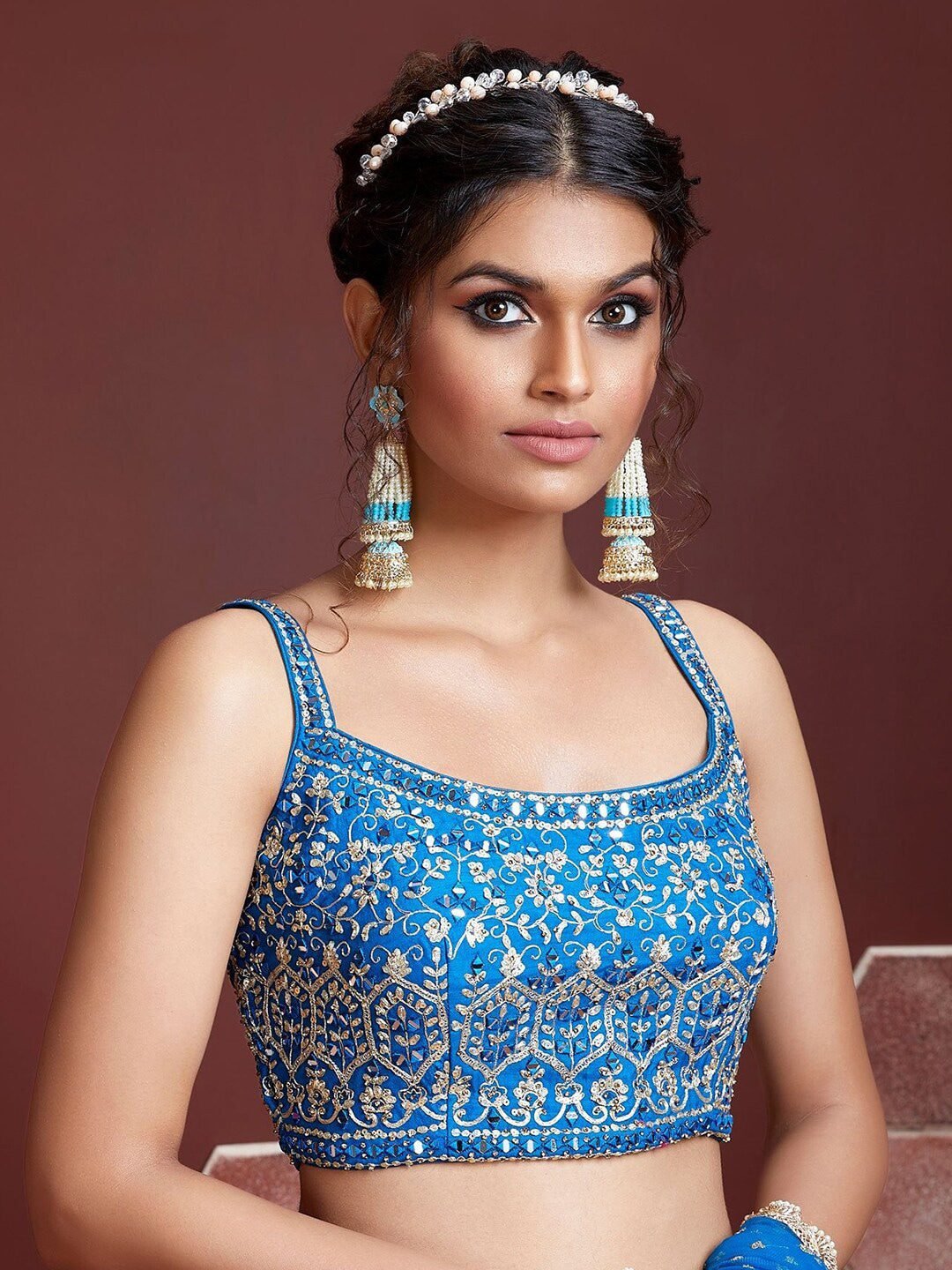 Blue &; Pink Embellished Semi-Stitched Lehenga & Unstitched Blouse With Dupatta