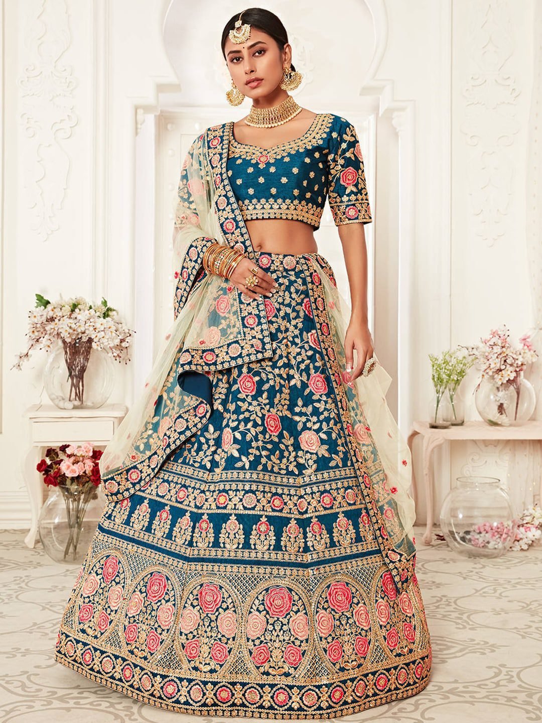 Blue & Pink Embroidered Semi-Stitched Lehenga &  Unstitched Blouse With Dupatta