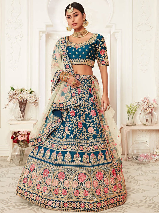 Blue & Pink Embroidered Semi-Stitched Lehenga &  Unstitched Blouse With Dupatta