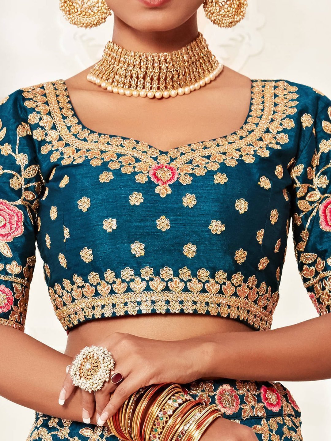 Blue & Pink Embroidered Semi-Stitched Lehenga &  Unstitched Blouse With Dupatta