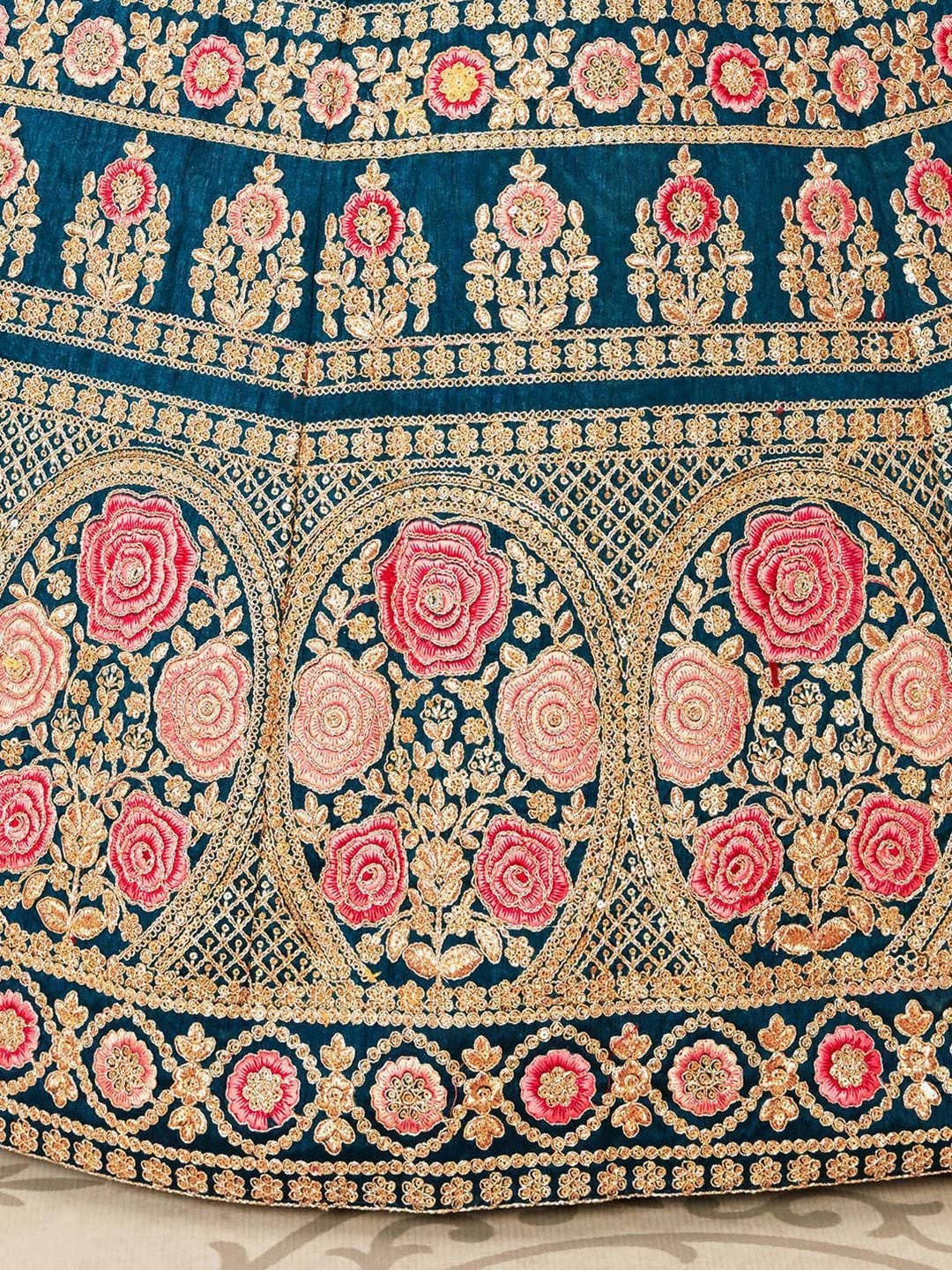 Blue & Pink Embroidered Semi-Stitched Lehenga &  Unstitched Blouse With Dupatta