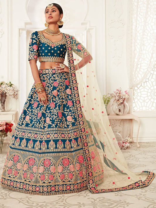 Blue & Pink Embroidered Semi-Stitched Lehenga &  Unstitched Blouse With Dupatta