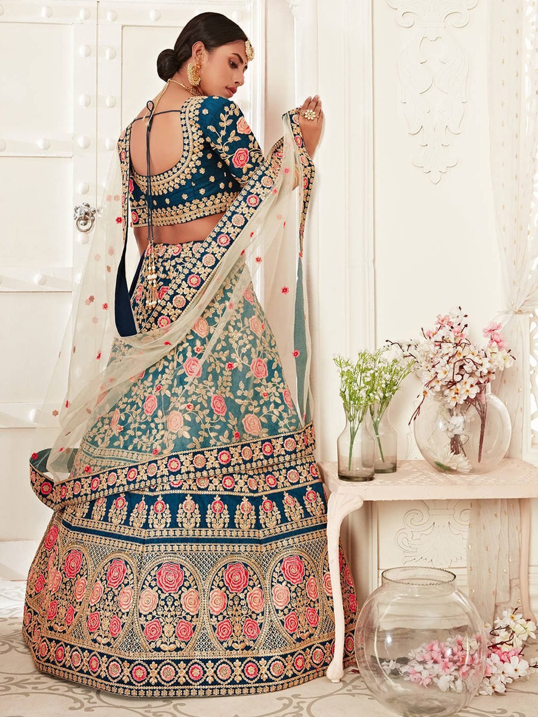 Blue & Pink Embroidered Semi-Stitched Lehenga &  Unstitched Blouse With Dupatta