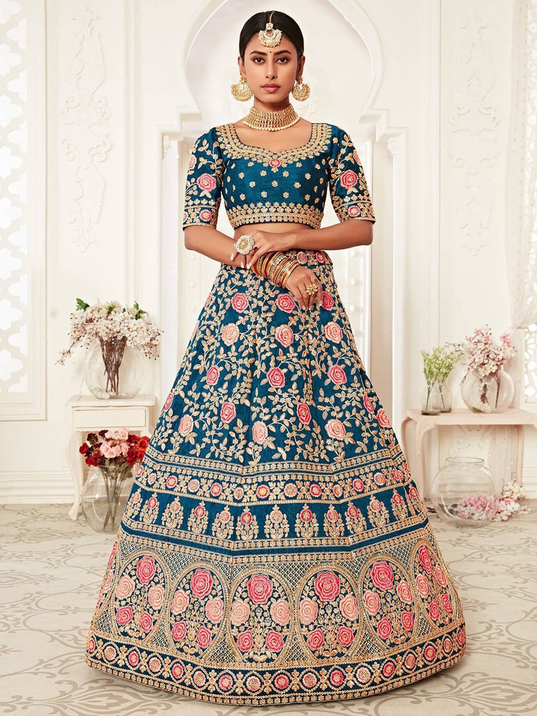 Blue & Pink Embroidered Semi-Stitched Lehenga &  Unstitched Blouse With Dupatta