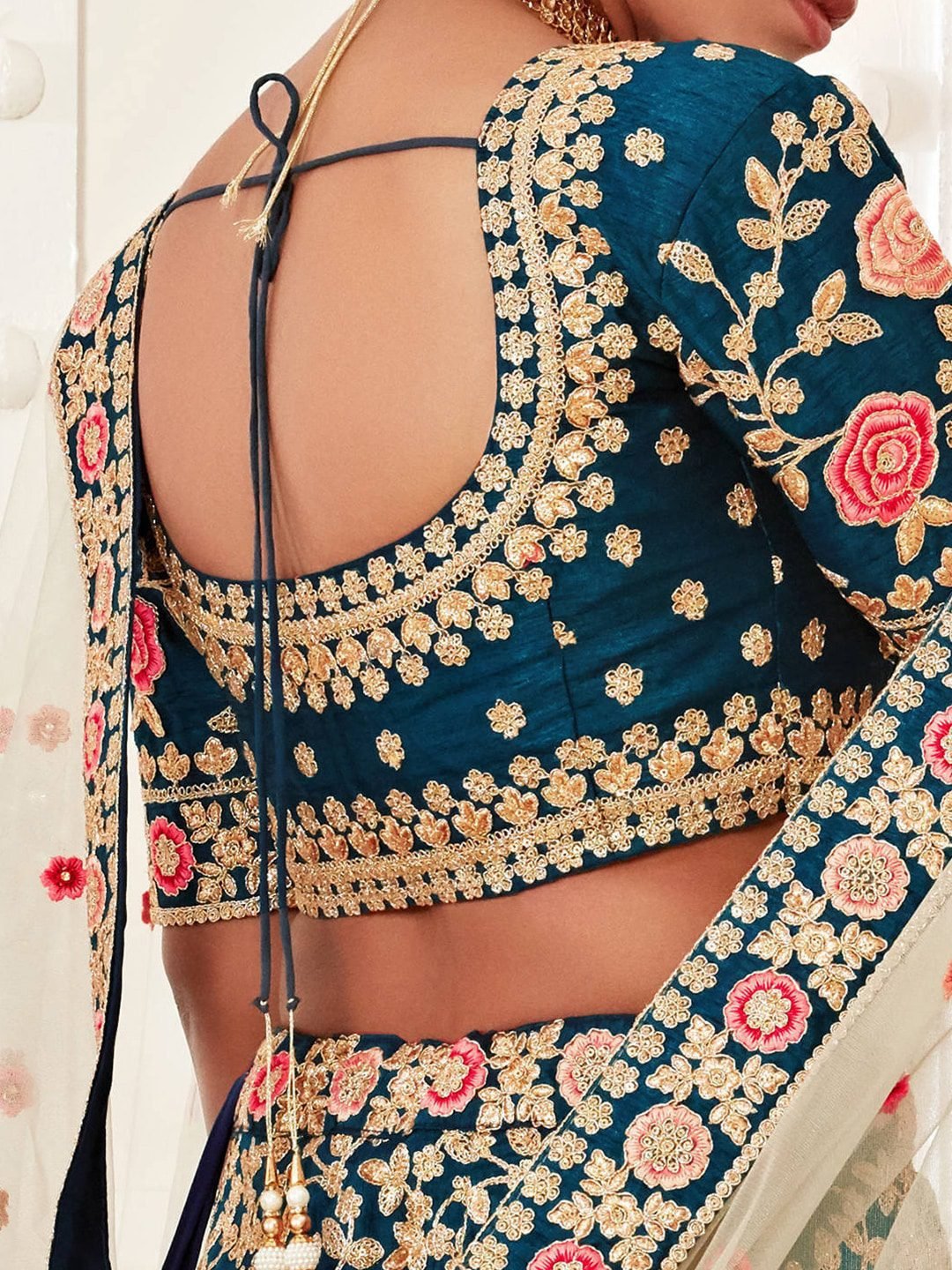Blue & Pink Embroidered Semi-Stitched Lehenga &  Unstitched Blouse With Dupatta