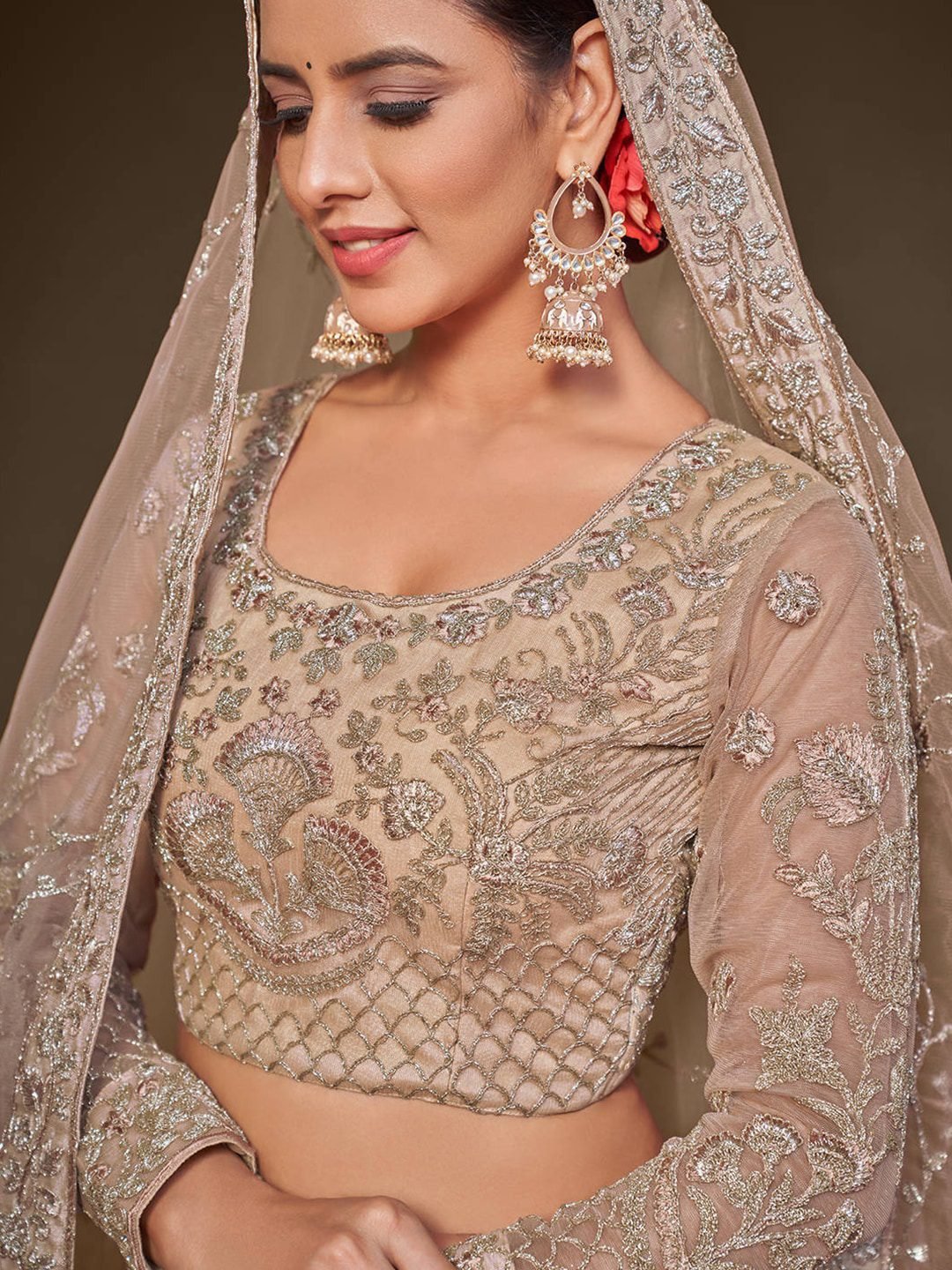Champagne & Gold-Toned Embroidered Semi-Stitched Lehenga & Unstitched Blouse With Dupatta