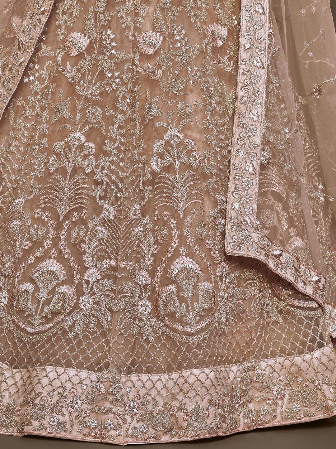 Champagne & Gold-Toned Embroidered Semi-Stitched Lehenga & Unstitched Blouse With Dupatta