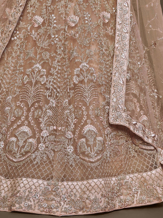 Champagne & Gold-Toned Embroidered Semi-Stitched Lehenga & Unstitched Blouse With Dupatta