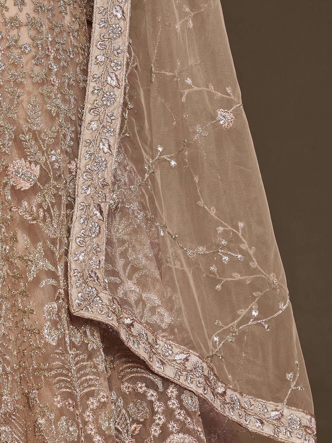 Champagne & Gold-Toned Embroidered Semi-Stitched Lehenga & Unstitched Blouse With Dupatta