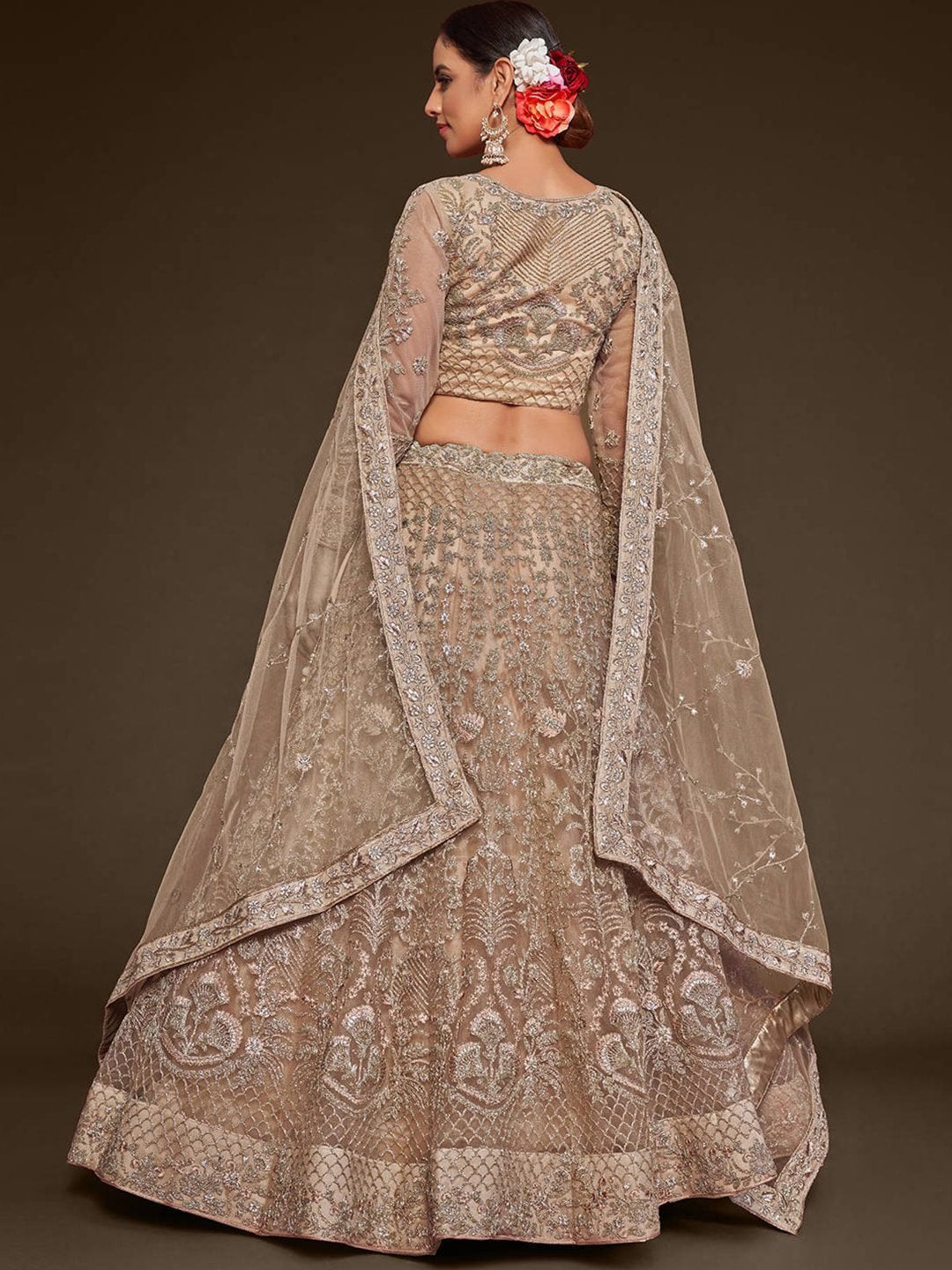 Champagne & Gold-Toned Embroidered Semi-Stitched Lehenga & Unstitched Blouse With Dupatta