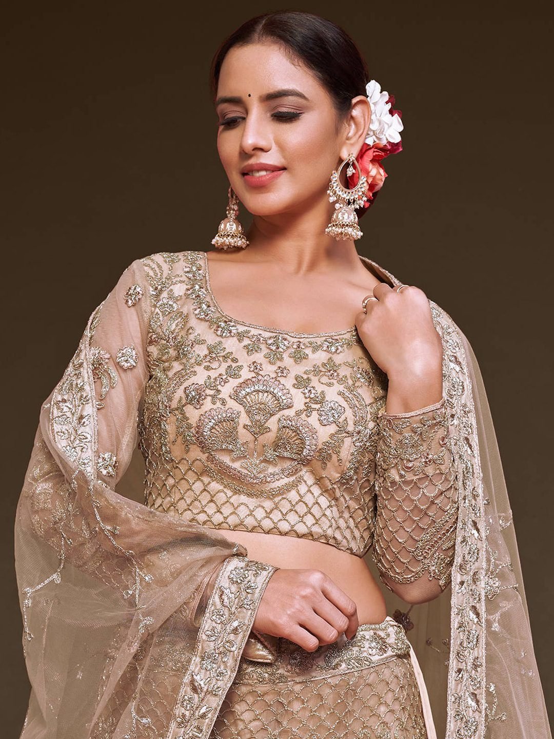 Champagne & Gold-Toned Embroidered Semi-Stitched Lehenga & Unstitched Blouse With Dupatta