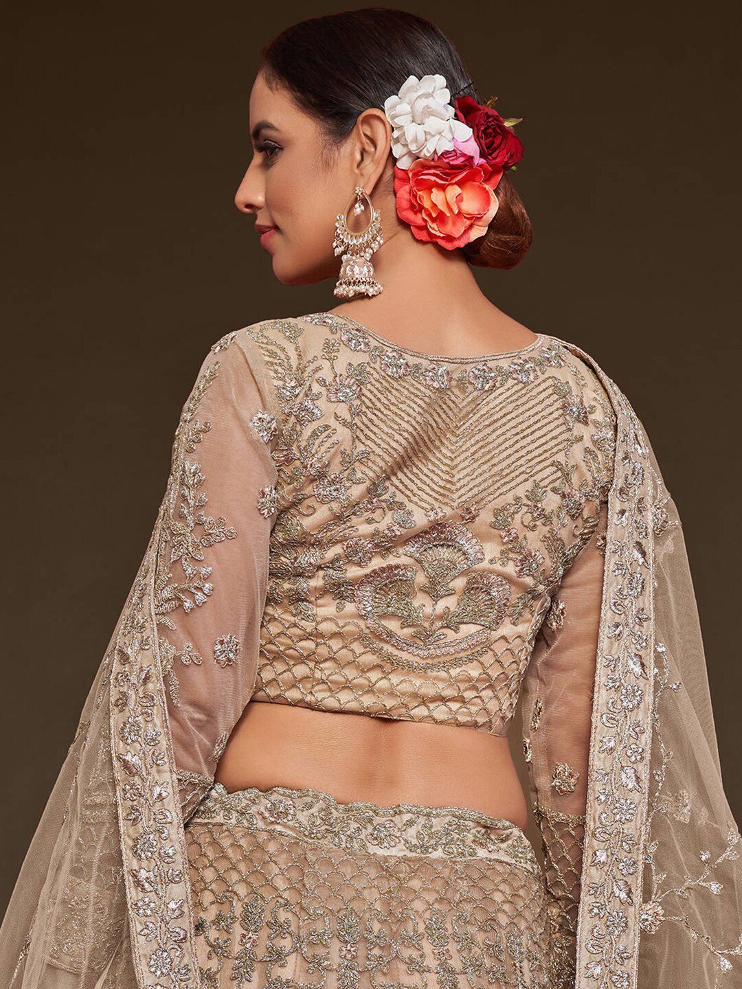 Champagne & Gold-Toned Embroidered Semi-Stitched Lehenga & Unstitched Blouse With Dupatta
