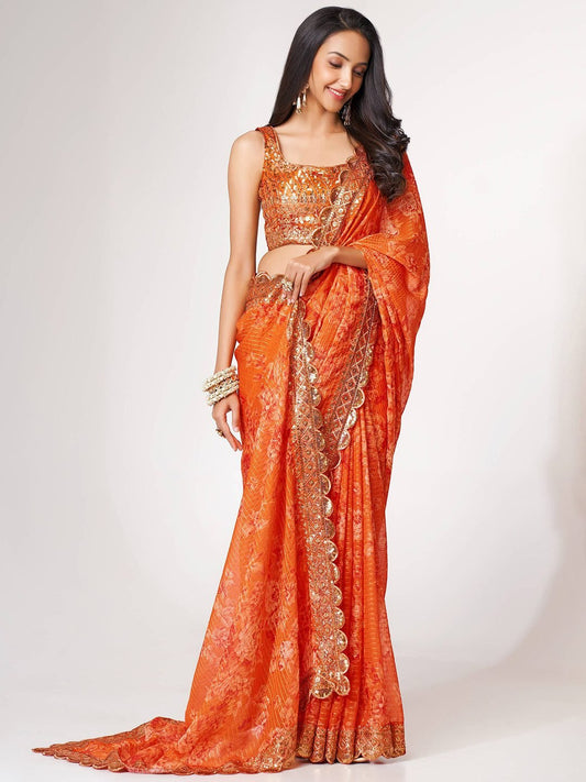 Gorgeous Orange Floral Printed Organza Party Wear Saree With Blouse
