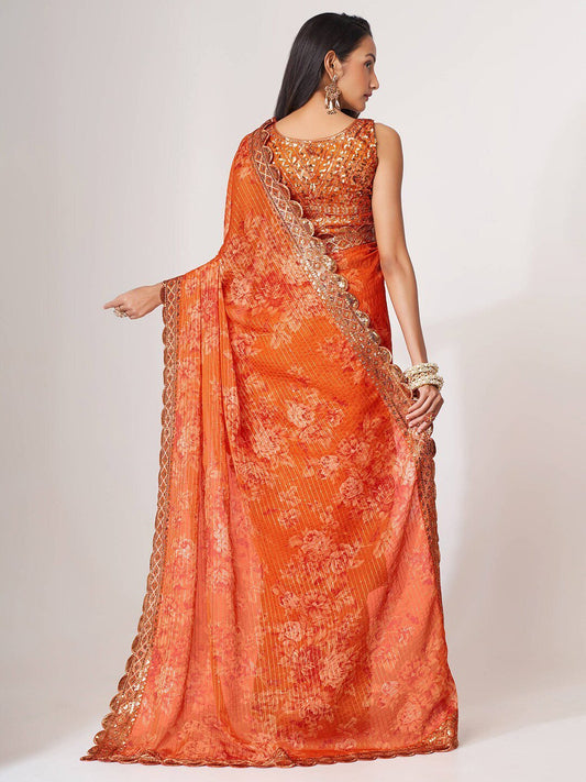 Gorgeous Orange Floral Printed Organza Party Wear Saree With Blouse