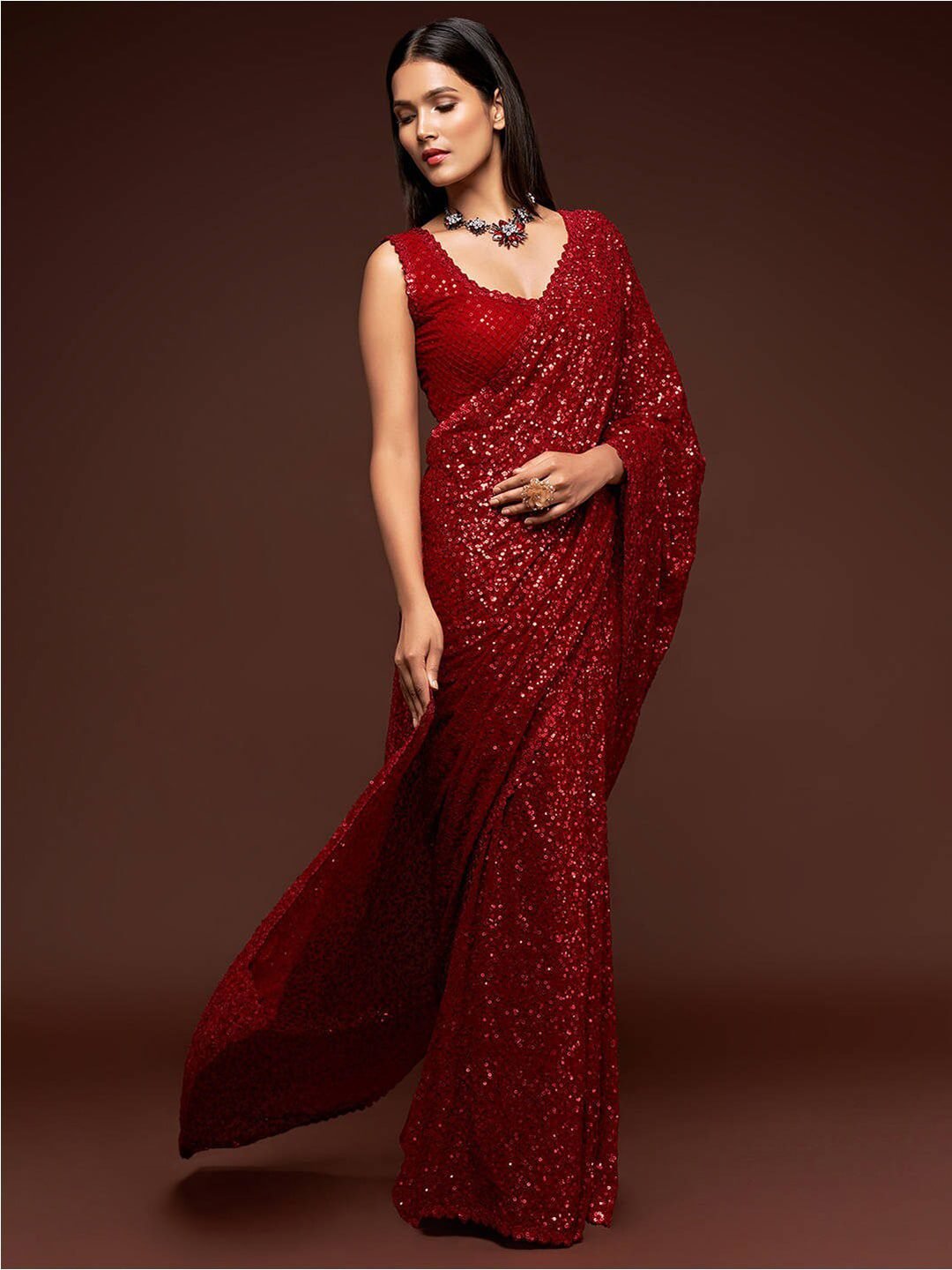 Ruby Red Fully Sequined Georgette Party Wear Saree