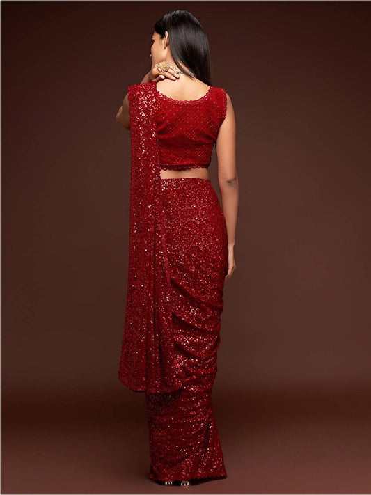 Ruby Red Fully Sequined Georgette Party Wear Saree