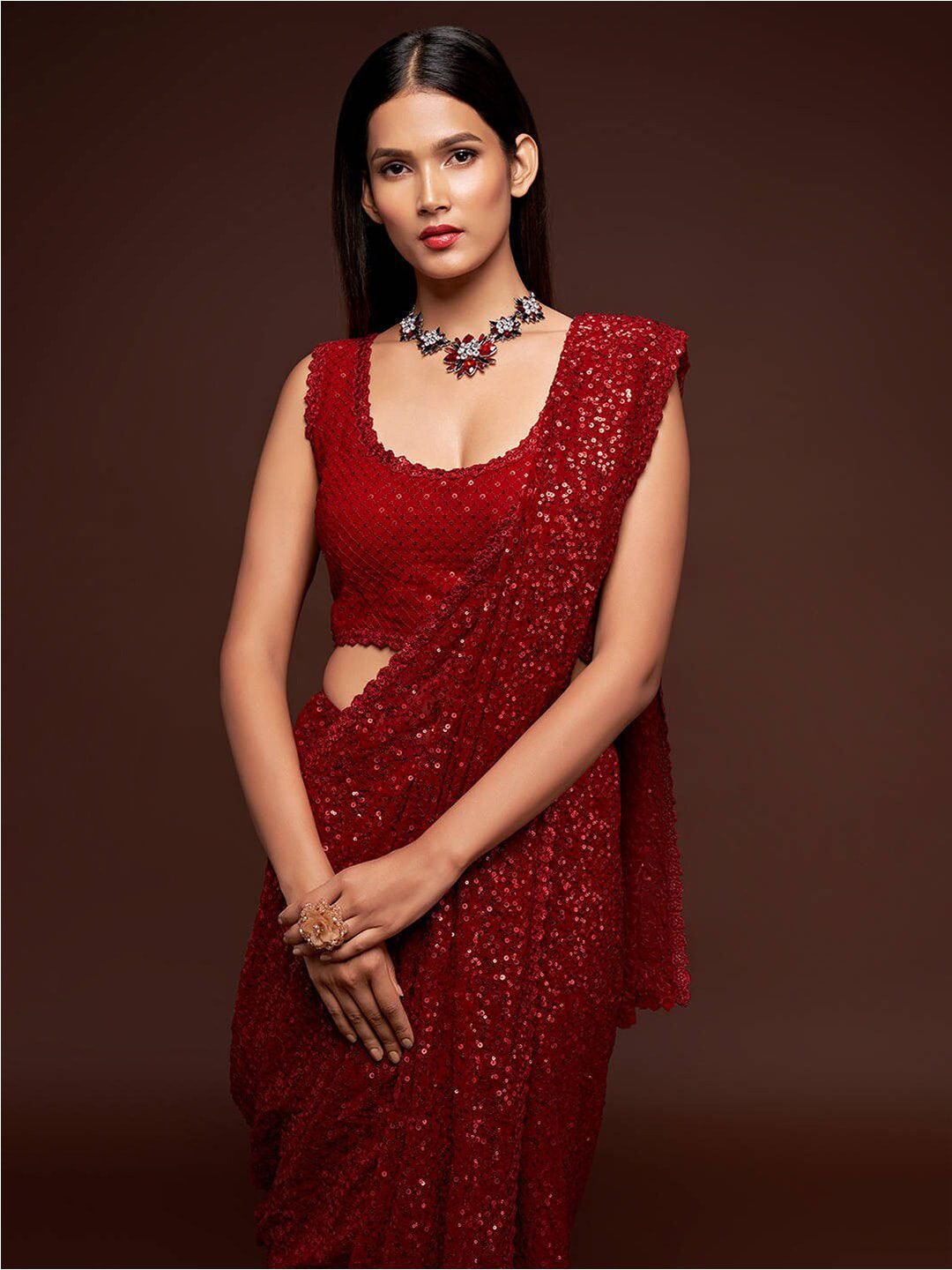 Ruby Red Fully Sequined Georgette Party Wear Saree