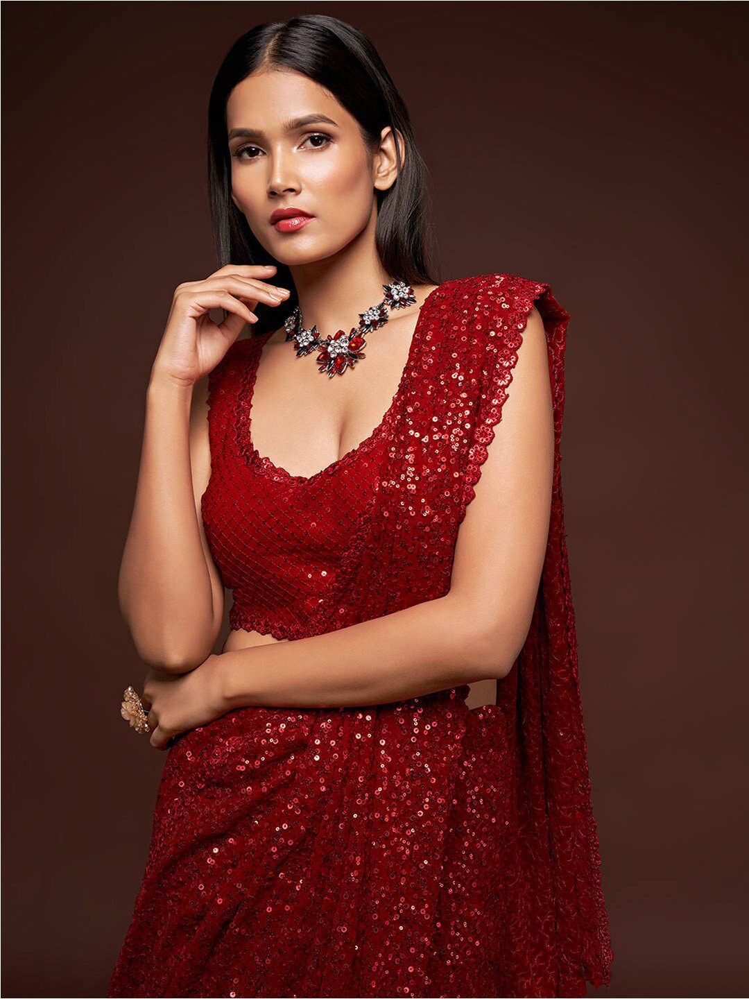 Ruby Red Fully Sequined Georgette Party Wear Saree