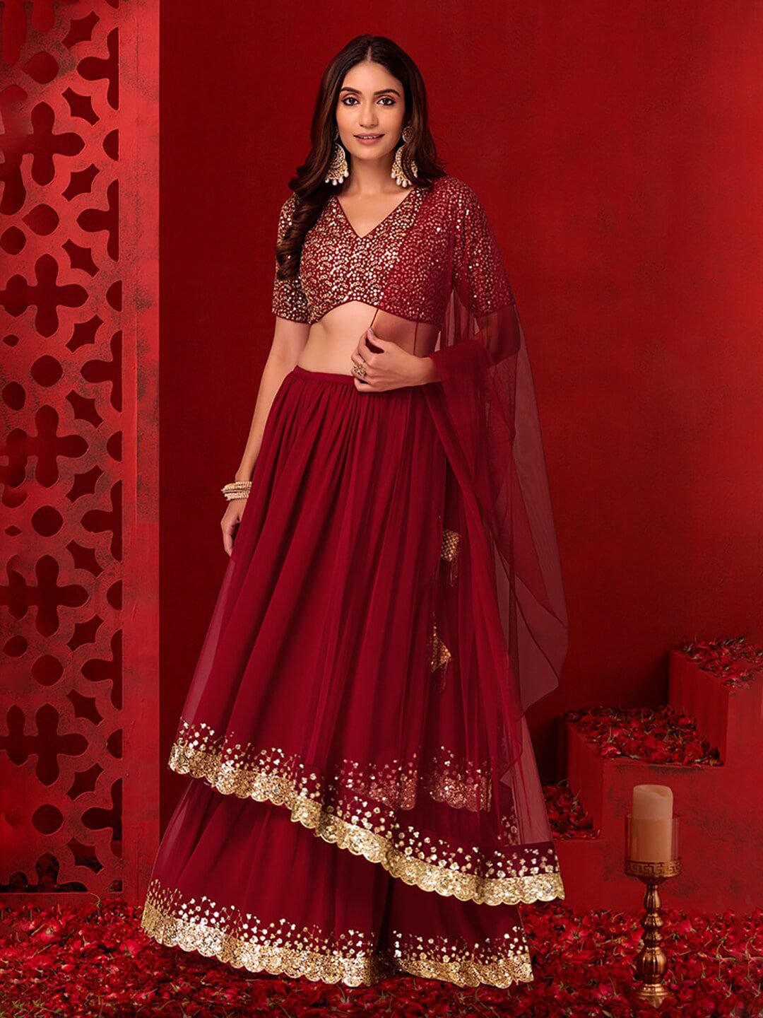 Embellished Sequinned Semi-Stitched Lehenga Choli With Dupatta