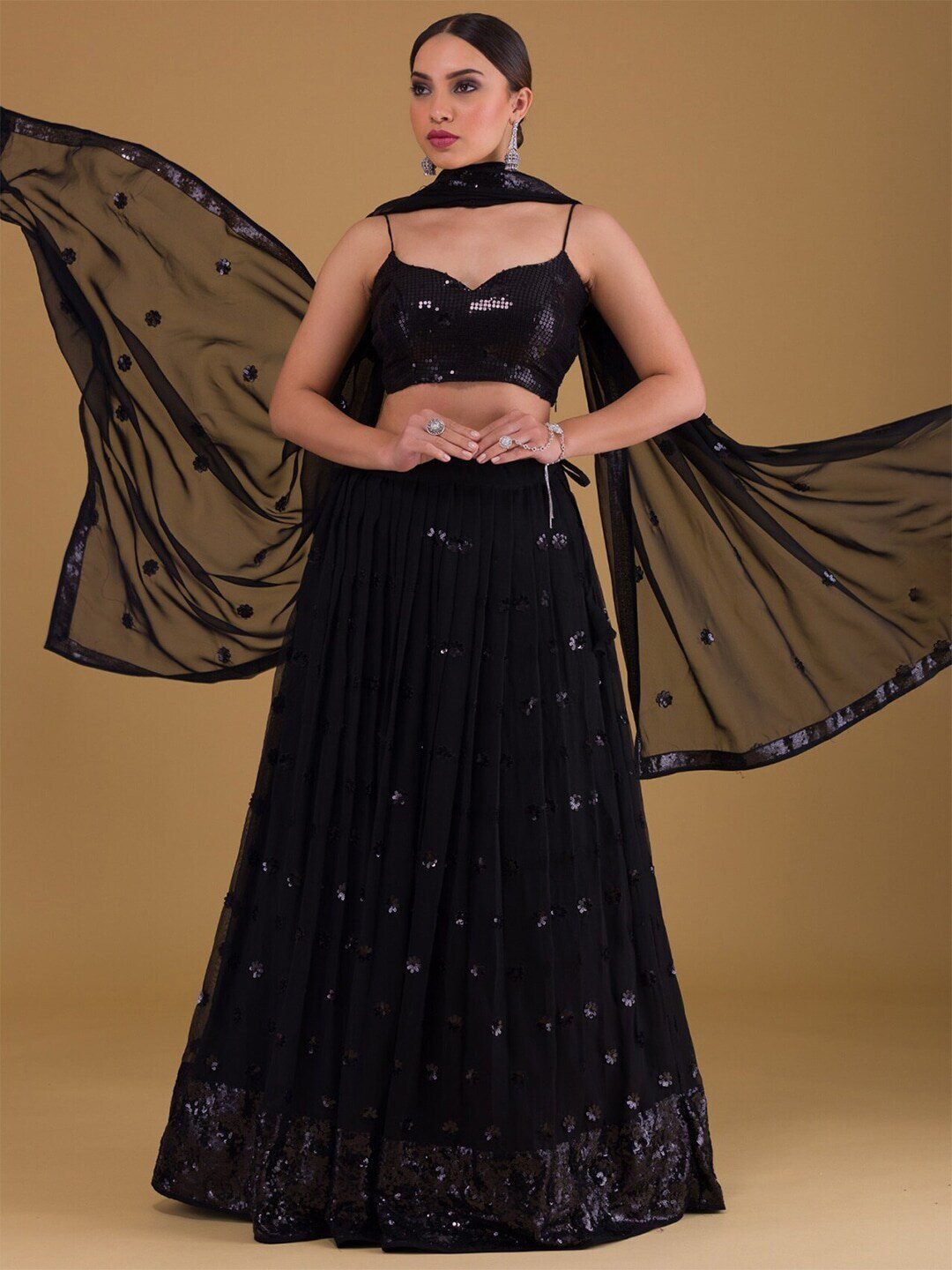 Embellished Sequinned Semi-Stitched Lehenga Choli With Dupatta
