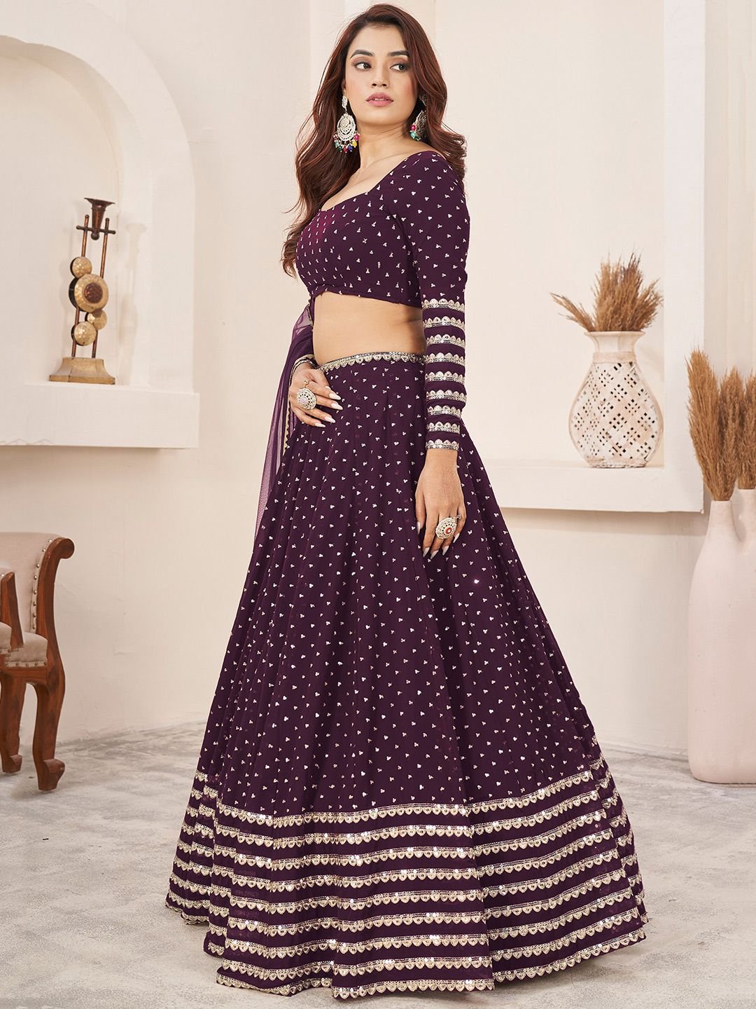 Embellished Sequinned Semi-Stitched Lehenga & Unstitched Blouse With Dupatta