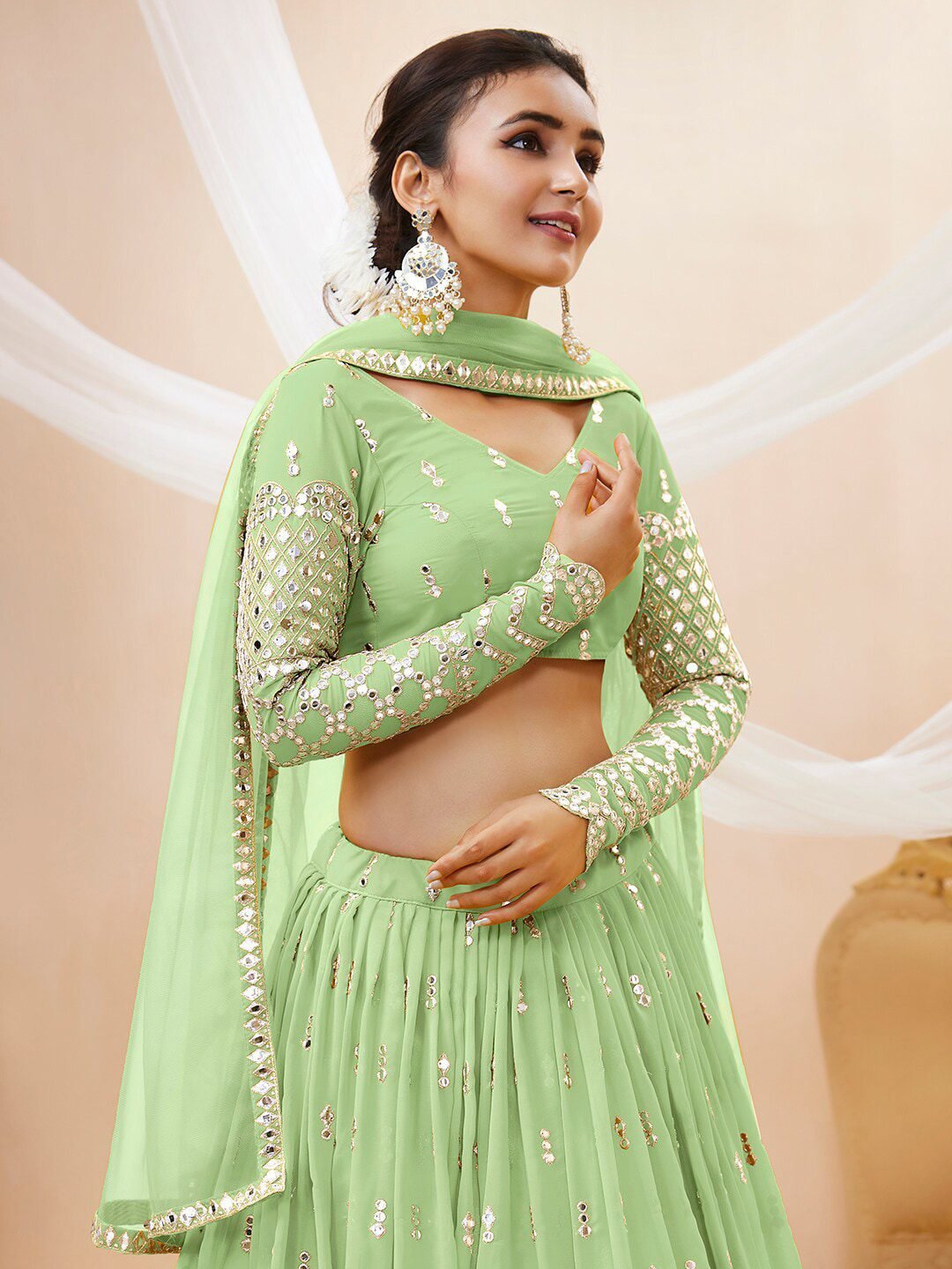 Embroidered Mirror Work Semi-Stitched Lehenga Choli With Dupatta